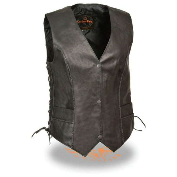 Womens Black Leather Motorcycle Vest with Braid on Front and Back Side Laces Womens Black Leather Motorcycle Vest with Braid on Front and Back Side Laces
